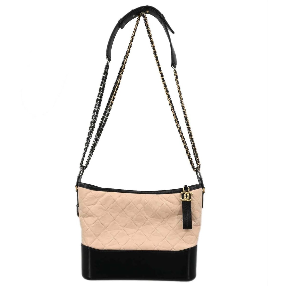 CHANEL Gabrielle Beige Black Calfskin Shoulder Bag Medium: CHANEL Gabrielle Beige Black Calfskin Shoulder Bag Medium This Chanel Gabrielle shoulder bag features a medium-sized silhouette crafted from beige calfskin leather with black accents. The bag is desig
