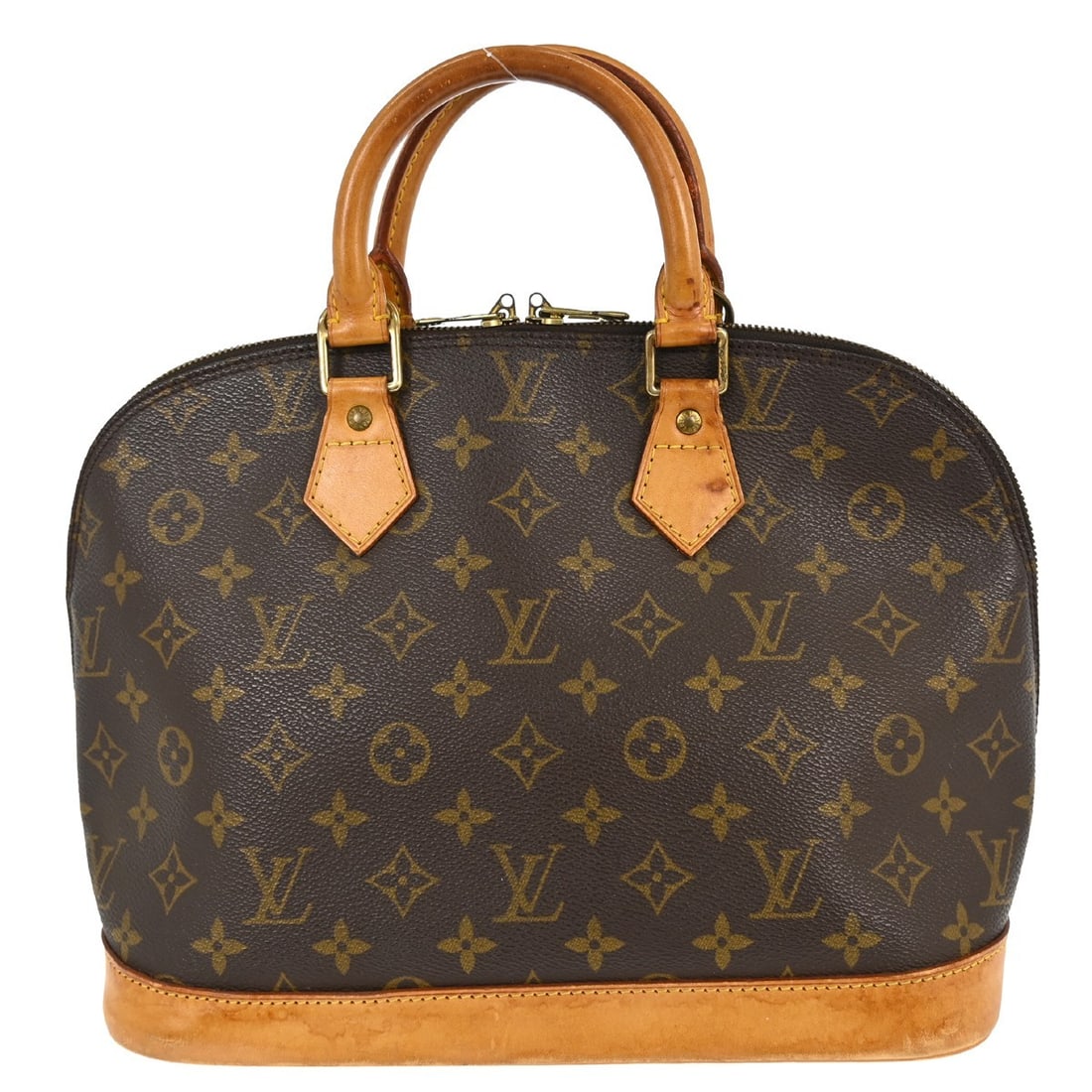 Louis Vuitton Alma Monogram canvas medium handbag: Louis Vuitton Alma Monogram canvas medium handbag This Louis Vuitton Alma handbag features the iconic Monogram canvas design with beige double handles and a zip closure. The medium-sized bag includes 