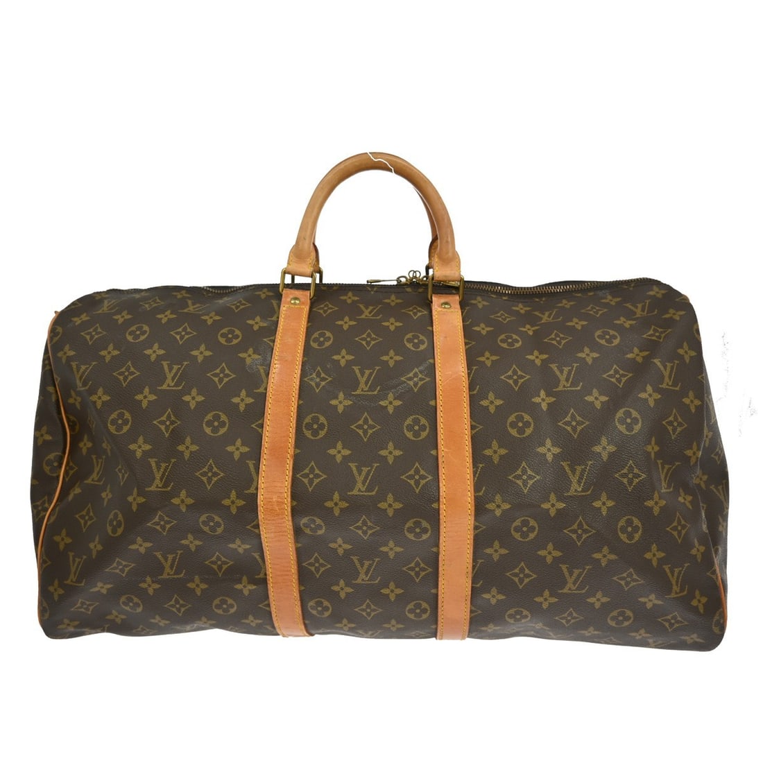Louis Vuitton Keepall 55 Monogram Duffle Travel Bag: Louis Vuitton Keepall 55 Monogram Duffle Travel Bag This Louis Vuitton Keepall 55 is a vintage extra-large travel handbag crafted from signature monogram canvas leather. It features double beige leath