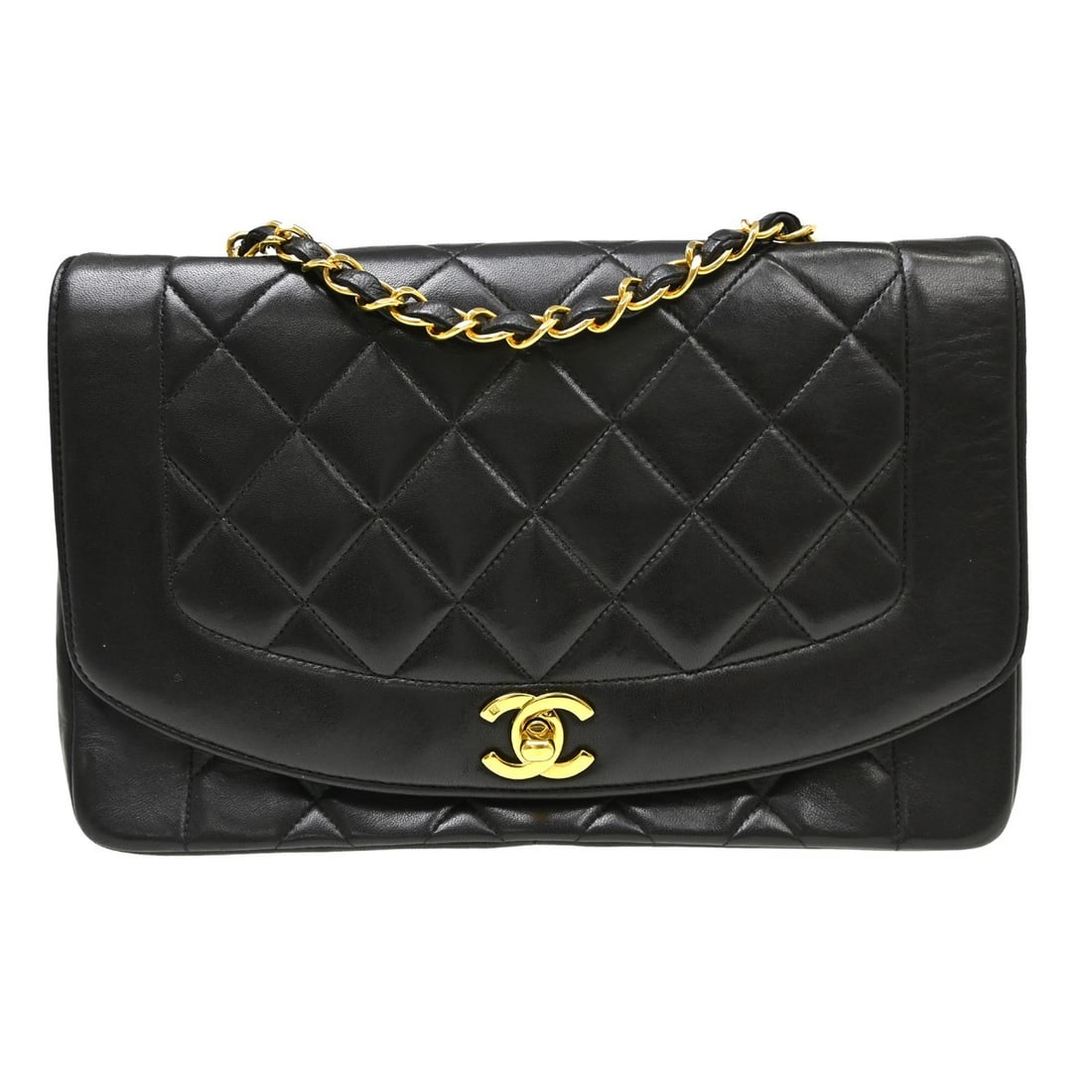 CHANEL Diana black lambskin quilted shoulder bag: CHANEL Diana black lambskin quilted shoulder bag This Chanel Diana Shoulder Bag features luxurious black quilted lambskin leather with a flap turnlock closure and the iconic logo accent. Designed in a