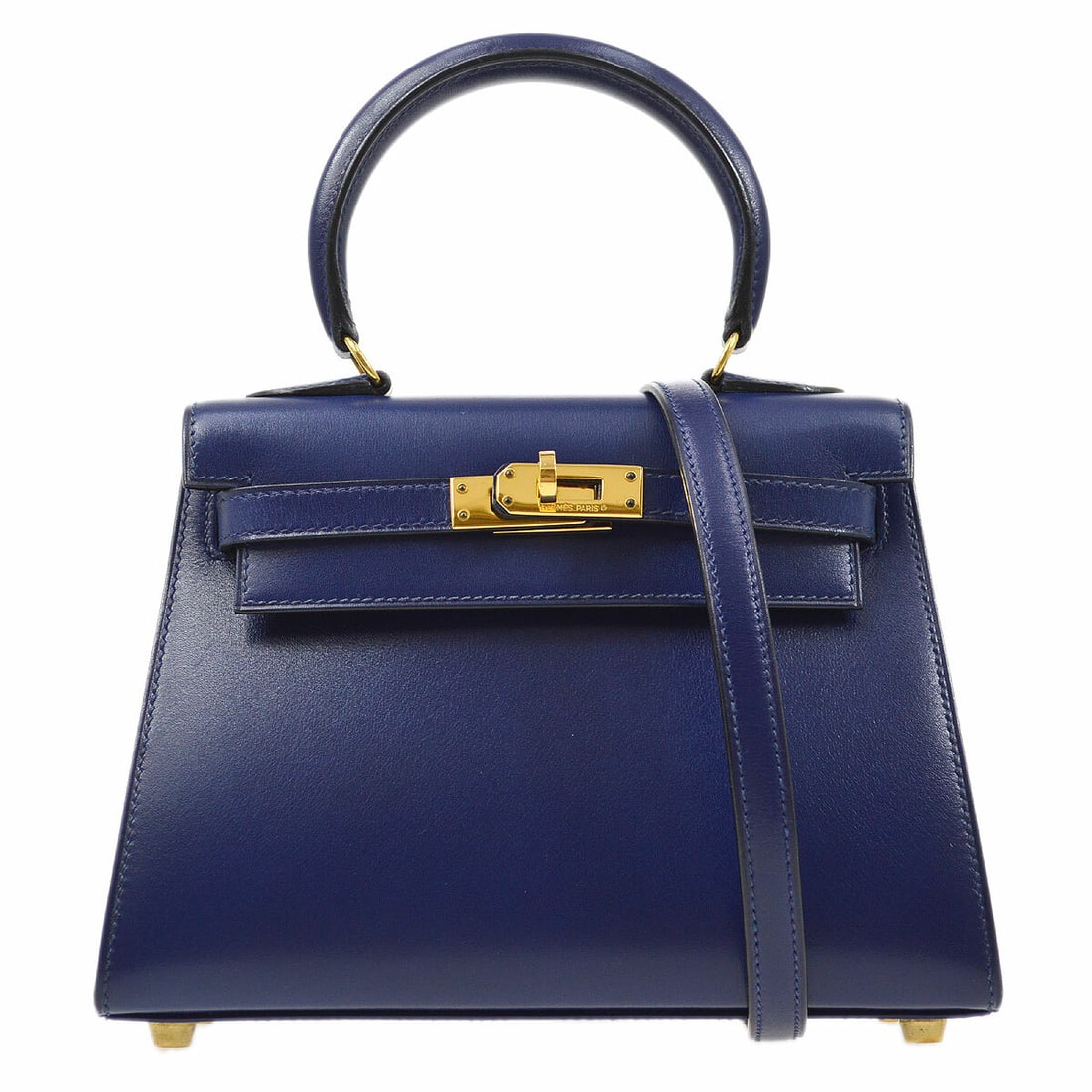 Hermes Kelly 20 Sellier Blue Box Calf Small Top Handle Bag with Strap: Hermes Kelly 20 Sellier Blue Box Calf Small Top Handle Bag with Strap This Hermes Kelly 20 Sellier handbag is crafted from blue box calf leather with a structured silhouette. It features a top handle,