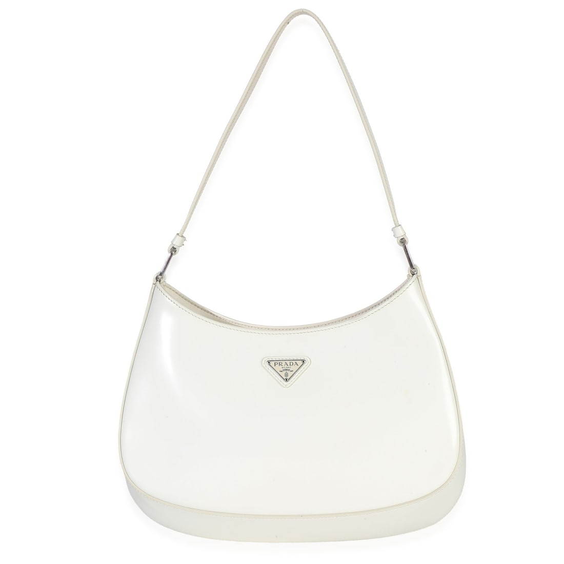 Prada White Spazzolato Cleo Shoulder Bag: Prada White Spazzolato Cleo Shoulder Bag This Prada White Spazzolato Cleo Bag is a stylish shoulder bag crafted from white leather, featuring a magnetic snap closure and silver-tone hardware. Designed