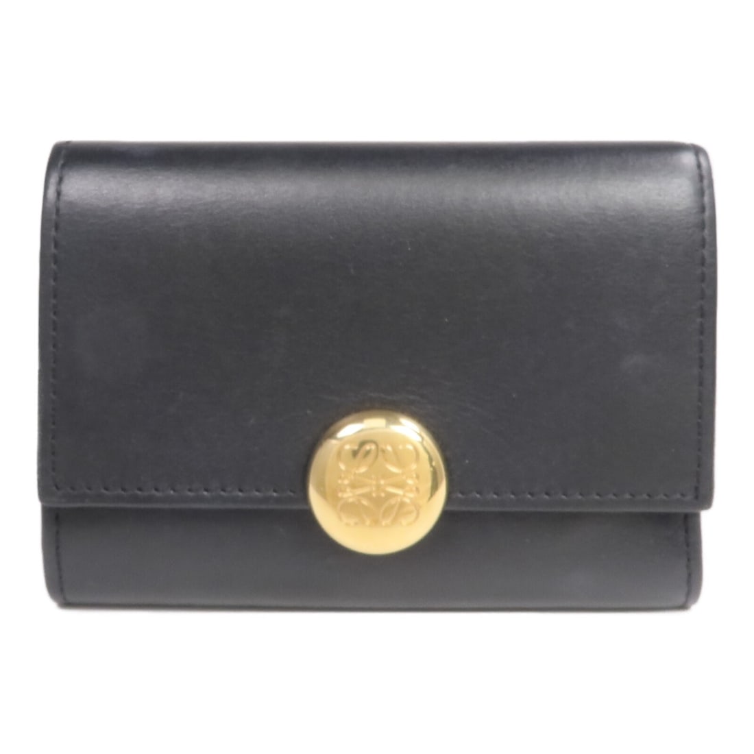 Loewe Pebble Small Tri-Fold Black Calfskin Wallet with Gold Hardware: Loewe Pebble Small Tri-Fold Black Calfskin Wallet with Gold Hardware This LOEWE small vertical wallet features a tri-fold design crafted from black calfskin leather. Designed for women, it offers a pr