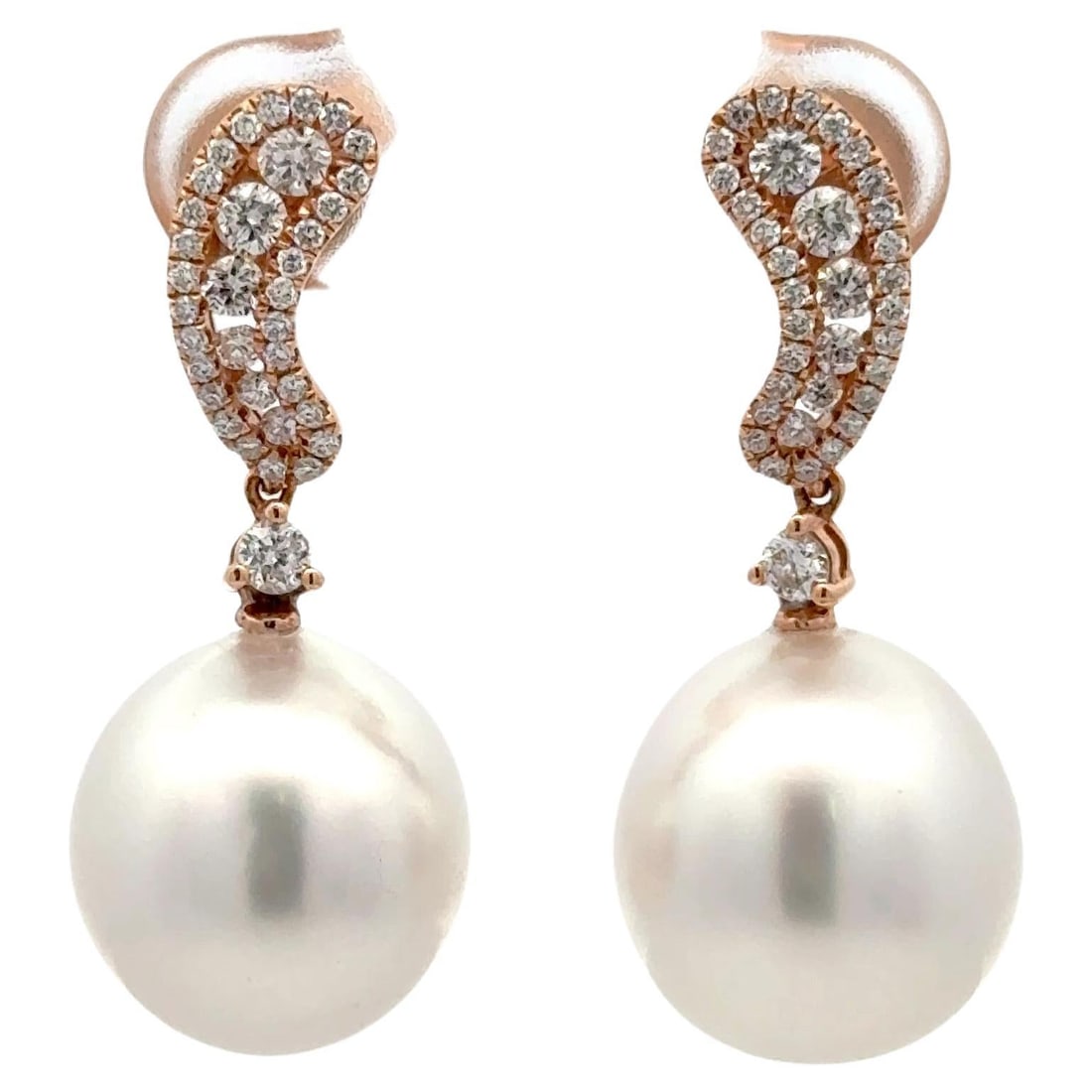 Harbor Diamonds 18K Rose Gold South Sea Pearl Diamond Drop Earrings: Harbor Diamonds 18K Rose Gold South Sea Pearl Diamond Drop Earrings Elevate your elegance with these stunning drop earrings, crafted from luxurious 18k rose gold. Each earring features two exquisite S