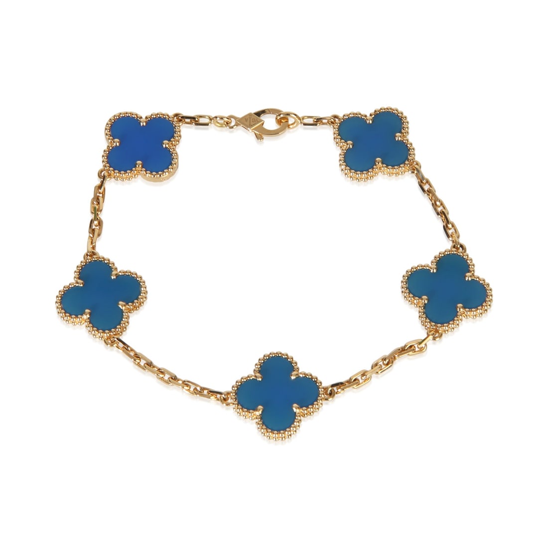 Van Cleef Arpels Vintage Alhambra agate bracelet 18k yellow gold 7.25 in: Van Cleef Arpels Vintage Alhambra agate bracelet 18k yellow gold 7.25 in This Van Cleef & Arpels Vintage Alhambra bracelet features elegant agate motifs set in luxurious 18k yellow gold. Designed for 