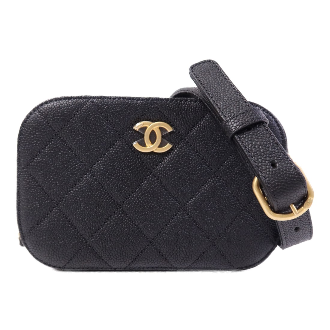 Black Calfskin CHANEL Waist Bag with CC Gold Hardware: Black Calfskin CHANEL Waist Bag with CC Gold Hardware This CHANEL waist bag for women features a sleek black calfskin leather exterior and a compact design. Made in France, it offers both style and pr
