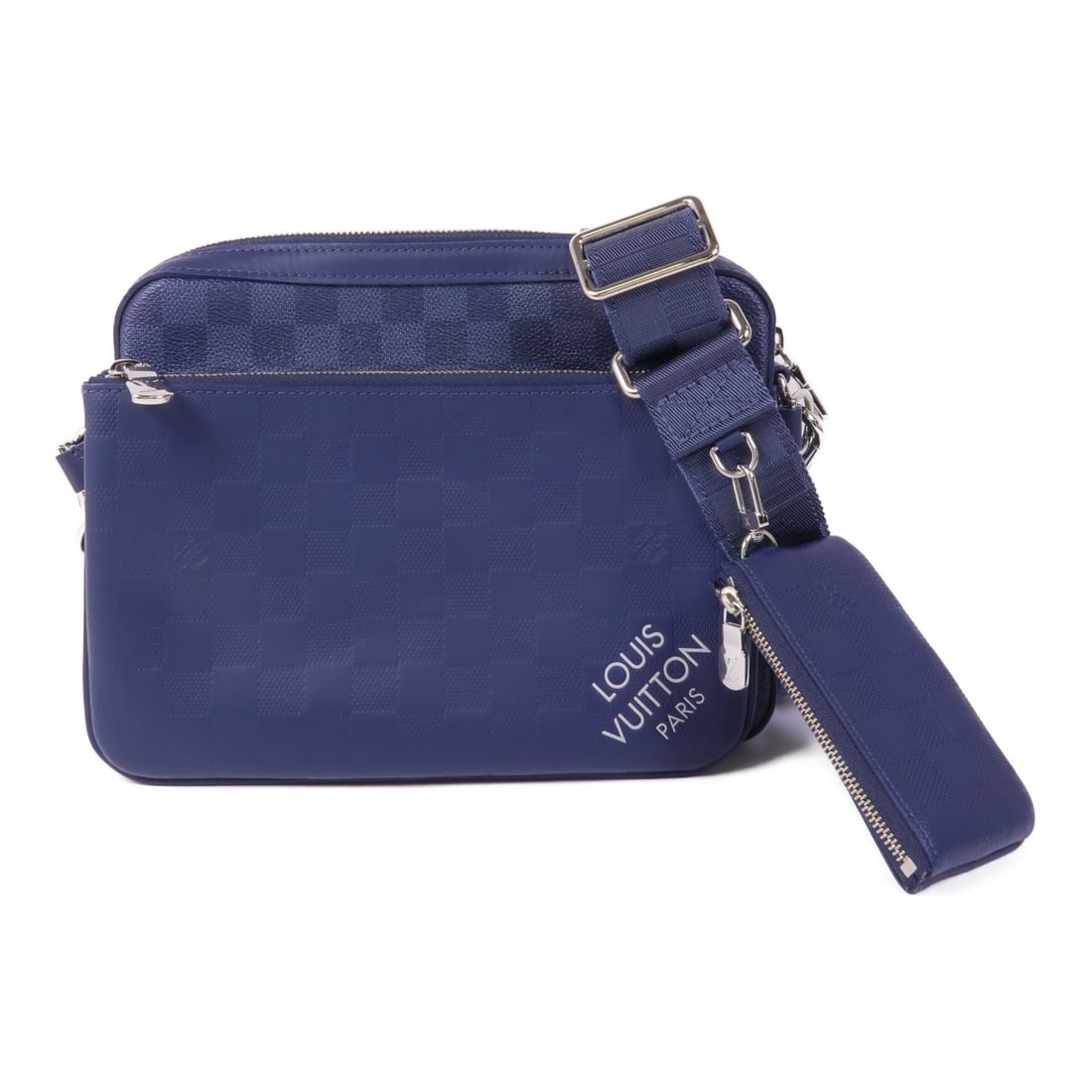 Louis Vuitton Damier Squared Blue Trio Shoulder Bag N40438: Louis Vuitton Damier Squared Blue Trio Shoulder Bag N40438 This Louis Vuitton Trio Shoulder Bag features the iconic Damier Squared pattern in blue and is crafted from durable PVC coated canvas. Design