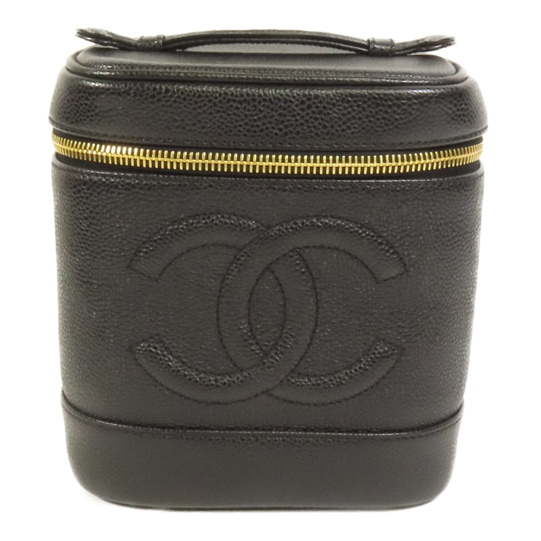 Black Calfskin Vanity Bag from CHANEL CC Vintage Collection with Gold Hardware: Black Calfskin Vanity Bag from CHANEL CC Vintage Collection with Gold Hardware This vintage Chanel vanity handbag is crafted from black calfskin leather, featuring a classic design with a structured s