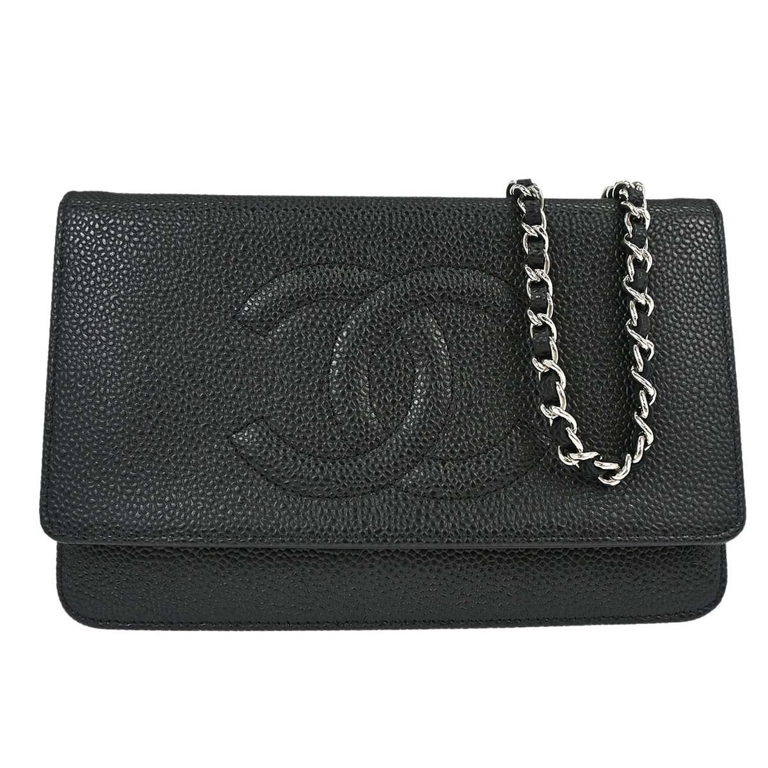 CHANEL Timeless black caviar leather folding wallet: CHANEL Timeless black caviar leather folding wallet This Chanel Timeless Wallet on Chain (WOC) bag is crafted from durable black caviar skin leather. Designed for women, it features a folding structur