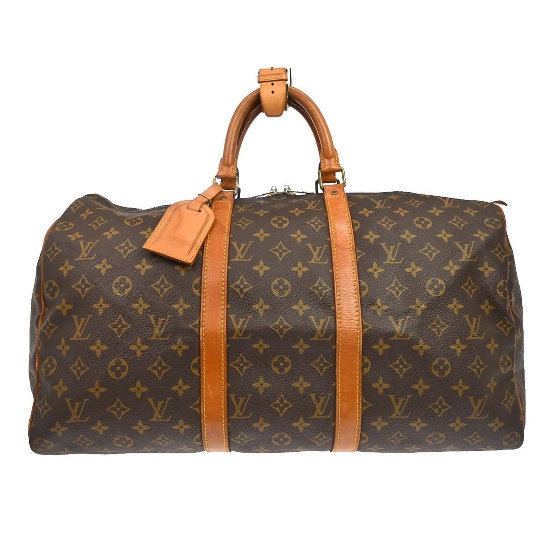 Louis Vuitton Keepall Monogram Canvas Travel Bag 50cm x 29cm x 22cm: Louis Vuitton Keepall Monogram Canvas Travel Bag 50cm x 29cm x 22cm This Louis Vuitton Keepall Bag features the iconic monogram canvas in brown, designed for unisex use. Made in France, the bag shows 