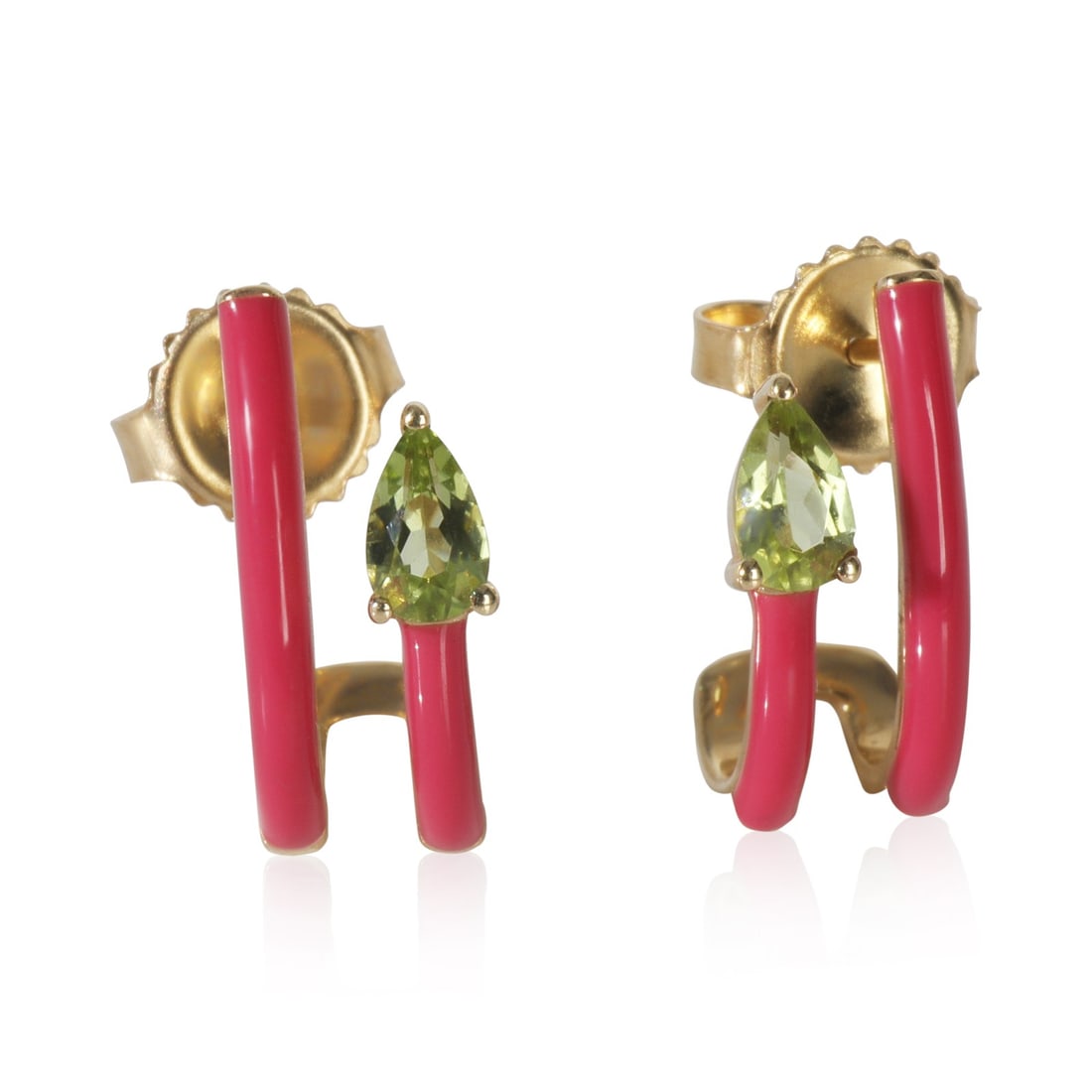 14K Yellow Gold Peridot Pink Enamel J Hoop Earrings: 14K Yellow Gold Peridot Pink Enamel J Hoop Earrings Enhance your accessory collection with these exquisite Yellow Gold Peridot & Pink Enamel J Hoop Earrings. Featuring a striking pear-shaped peridot, 