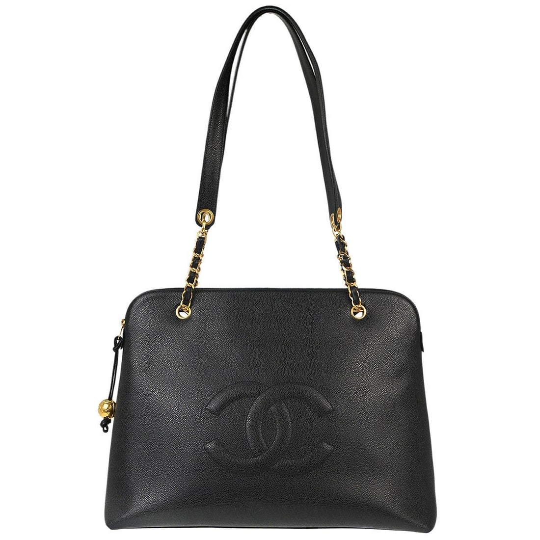 CHANEL Caviar Leather Black Zip Tote Bag: CHANEL Caviar Leather Black Zip Tote Bag This Chanel Black Calfskin CC Shoulder Tote Bag features a spacious large design crafted from durable caviar skin leather. The tote is equipped with a secure z