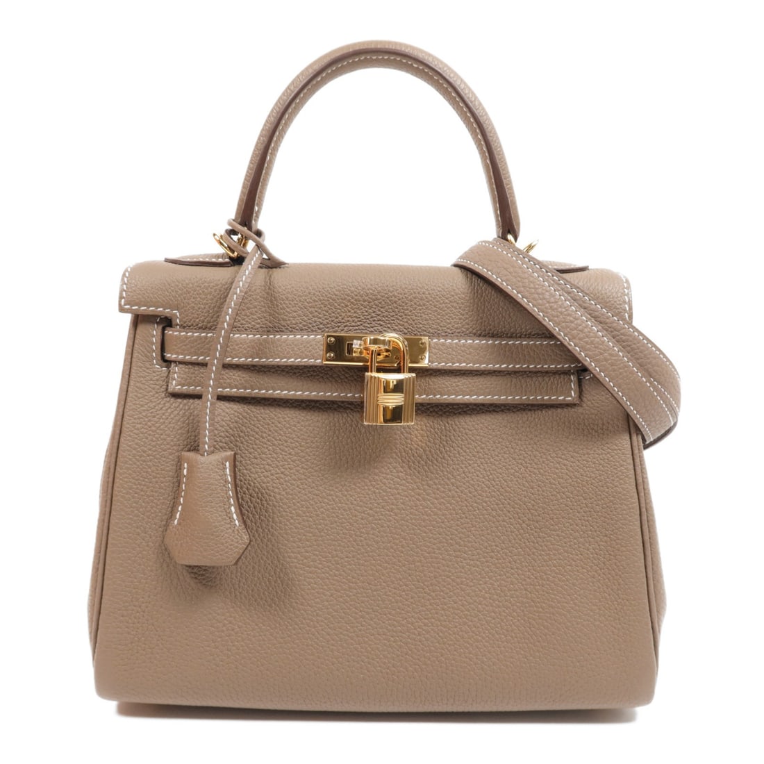 Hermes Kelly 25 Etoupe Togo leather GHW 2way shoulder bag: Hermes Kelly 25 Etoupe Togo leather GHW 2way shoulder bag This Hermes Kelly 25 is a versatile 2-way shoulder bag crafted from Togo calfskin leather in a sophisticated brown shade. Featuring gold hardw
