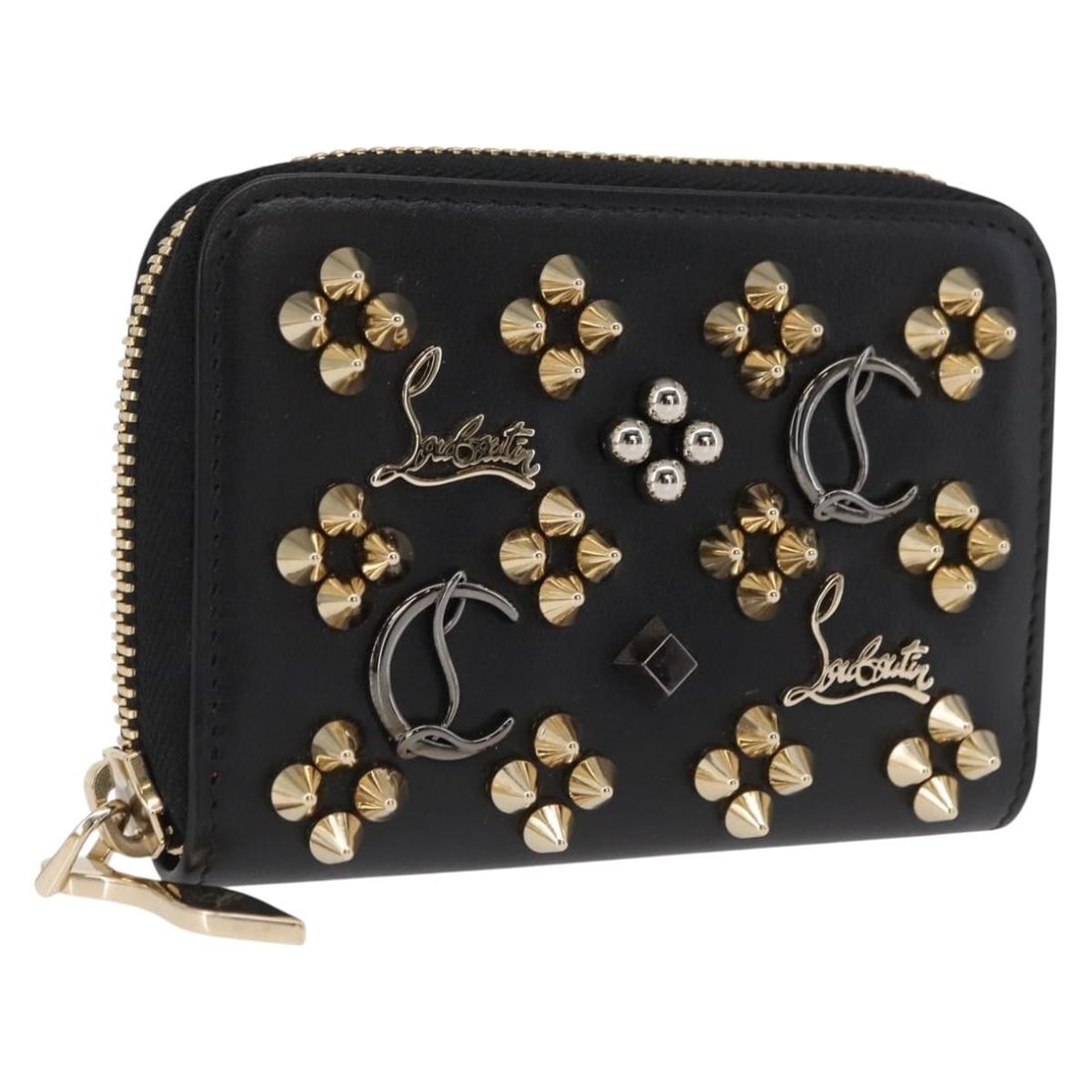 Black Leather Panettone Studded Coin Purse by Christian Louboutin with Box: Black Leather Panettone Studded Coin Purse by Christian Louboutin with Box This Christian Louboutin Panettone coin purse features a black leather exterior adorned with signature stud detailing. The co