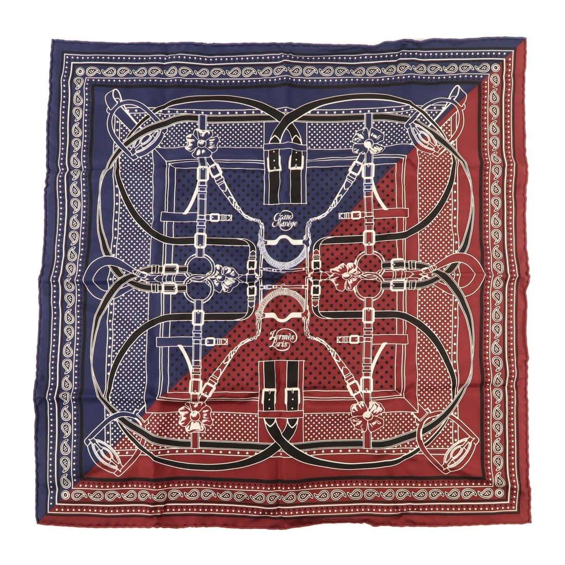 Silk Blue and Red Scarf by HERMES for Women: Silk Blue and Red Scarf by HERMES for Women This Hermes scarf is crafted from silk in a blue and red color scheme. Designed for women, it features a regular size and is made in France. The scarf is in