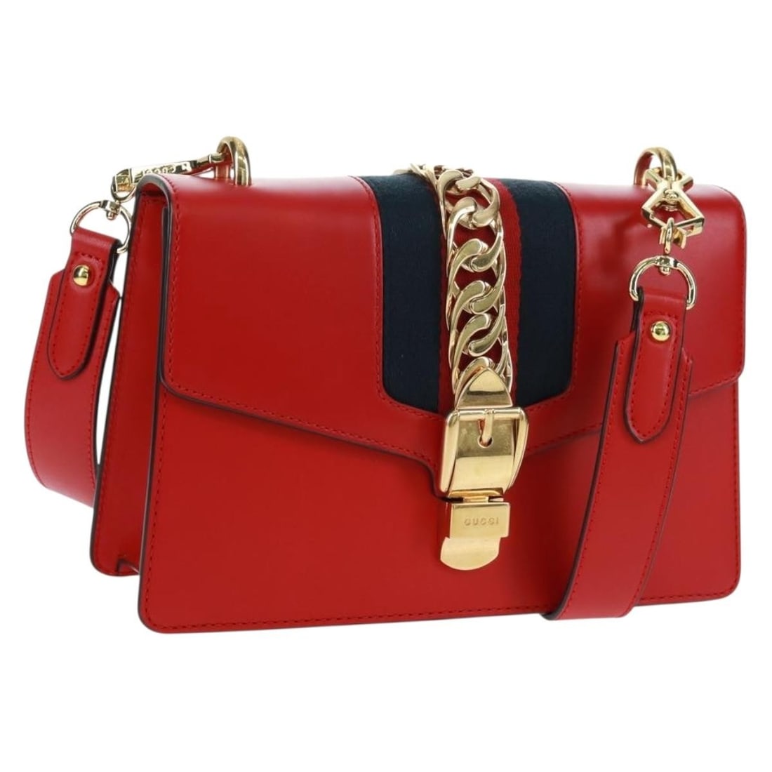 Gucci Sylvi Sherry Line Red Leather Shoulder Bag with Gold Accents 2 Way Style: Gucci Sylvi Sherry Line Red Leather Shoulder Bag with Gold Accents 2 Way Style This is a GUCCI Silvi Sherry Line shoulder bag crafted from red leather with gold-tone accents. The bag features a 2-way 
