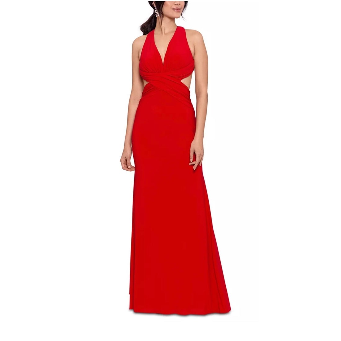 XSCAPE Red Long Gown with Cross-Back and Cut-Outs Size 0: XSCAPE Red Long Gown with Cross-Back and Cut-Outs Size 0 Elevate your formal style with this striking XSCAPE Cross-Back Cut-Out Fit & Flare Long Gown in vibrant red. This elegant piece features a plun
