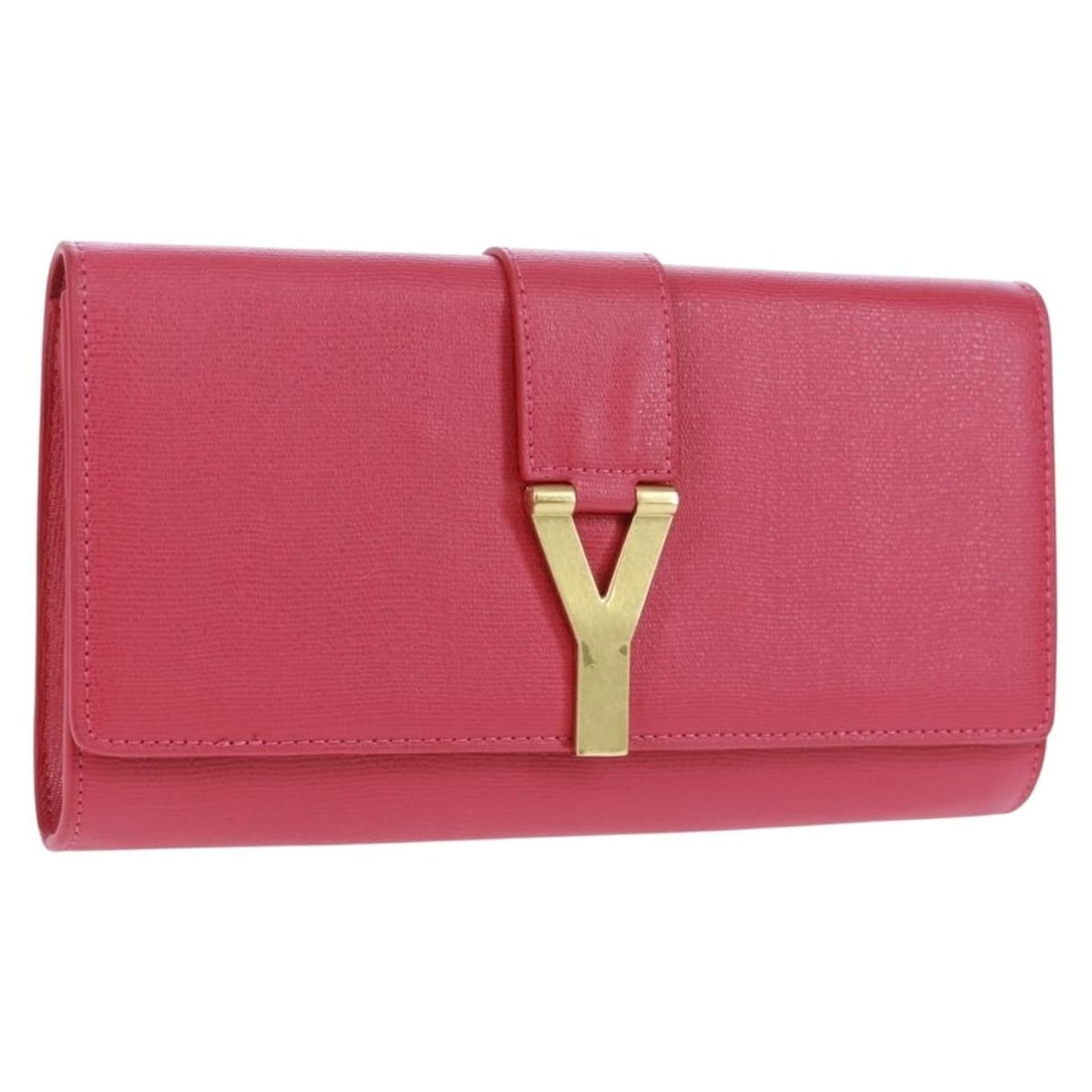 Pink Leather Y Line Clutch by Saint Laurent with Gold Accent: Pink Leather Y Line Clutch by Saint Laurent with Gold Accent This Saint Laurent Y Line clutch bag features a chic pink and gold leather exterior, designed for women. The bag is crafted in Italy and co
