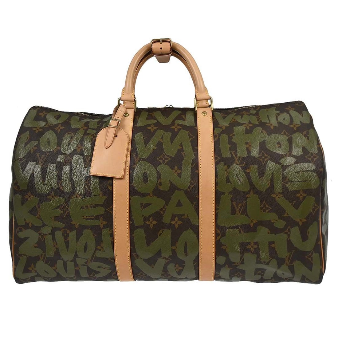 Khaki Monogram Graffiti Keepall 50 Louis Vuitton Duffle Bag: Khaki Monogram Graffiti Keepall 50 Louis Vuitton Duffle Bag This Louis Vuitton Keepall 50 duffle bag features the distinctive khaki Monogram Graffiti canvas leather exterior, accented with the iconic 