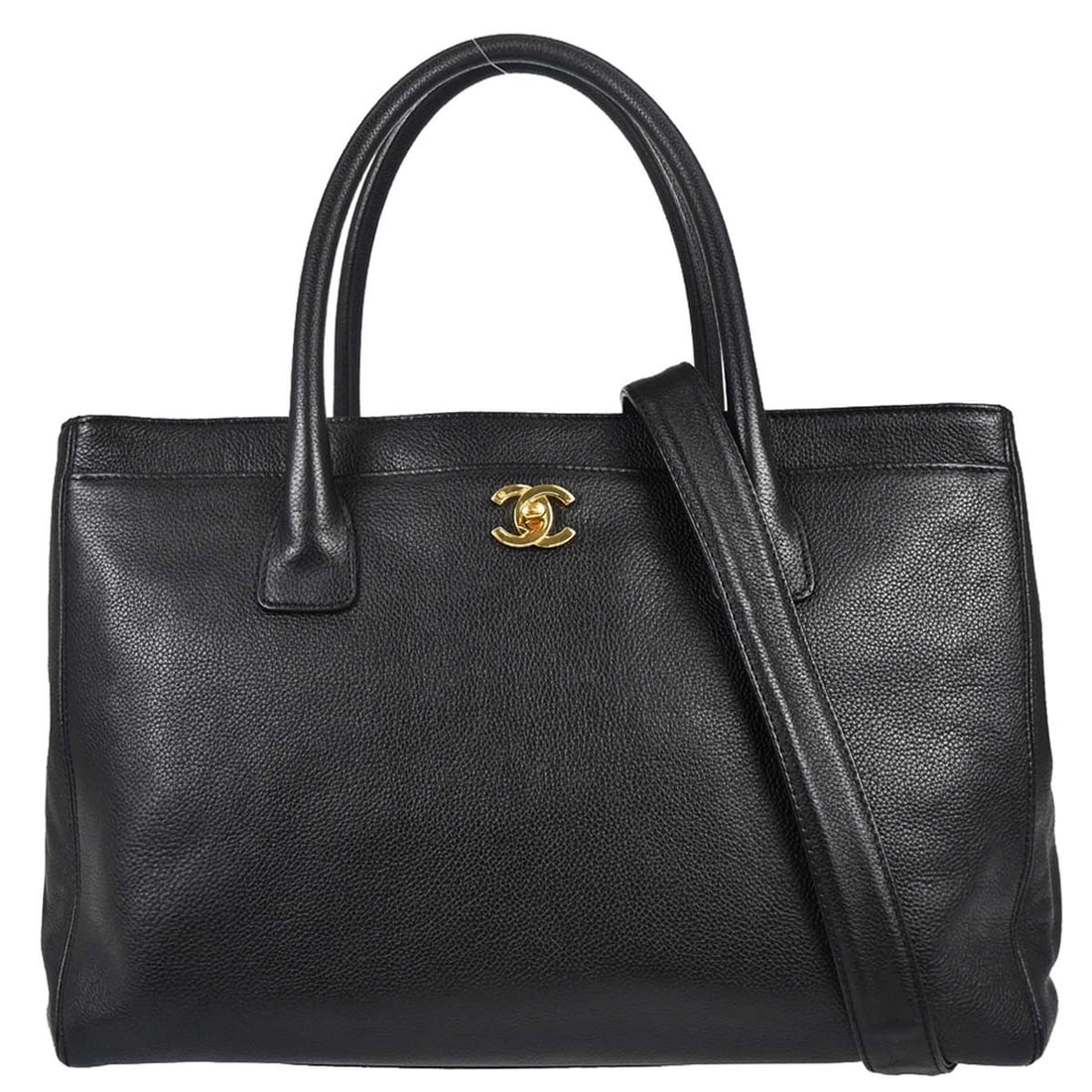 CHANEL Cerf Black Calfskin Tote Bag 2way Turn Lock: CHANEL Cerf Black Calfskin Tote Bag 2way Turn Lock This Chanel Executive Cerf tote bag is crafted from black calfskin leather and features a structured silhouette with double handles and a detachable 
