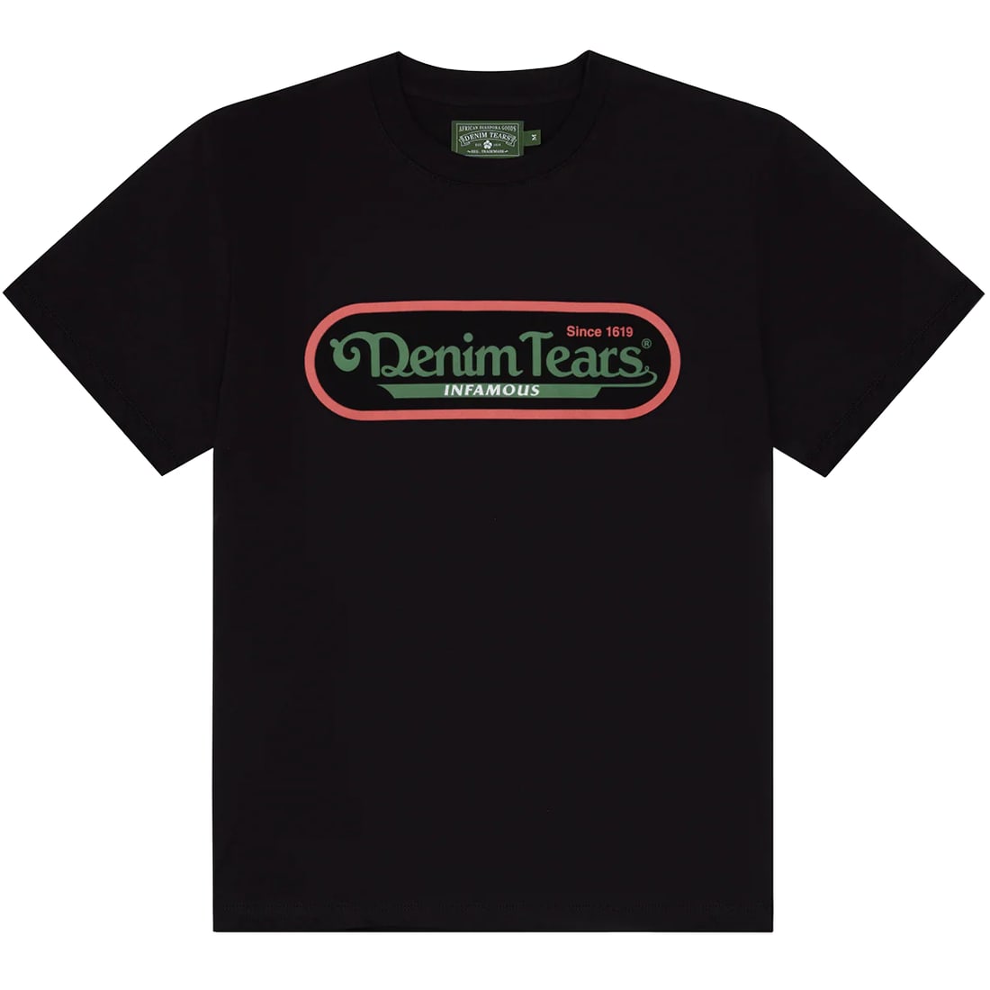 Infamous Graphic T-Shirt by Denim Tears in Black Cotton Size Large: Infamous Graphic T-Shirt by Denim Tears in Black Cotton Size Large The Denim Tears Infamous Black Tee is crafted from premium cotton and features a relaxed fit for comfort. Highlighted by a bold front