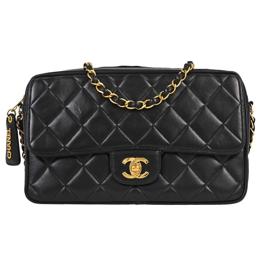 Chanel Chain Shoulder Black Lambskin Crossbody Bag: Chanel Chain Shoulder Black Lambskin Crossbody Bag This Chanel Black Lambskin Camera Bag in medium size features a classic quilted design with gold-tone hardware. The bag is crafted from luxurious lam