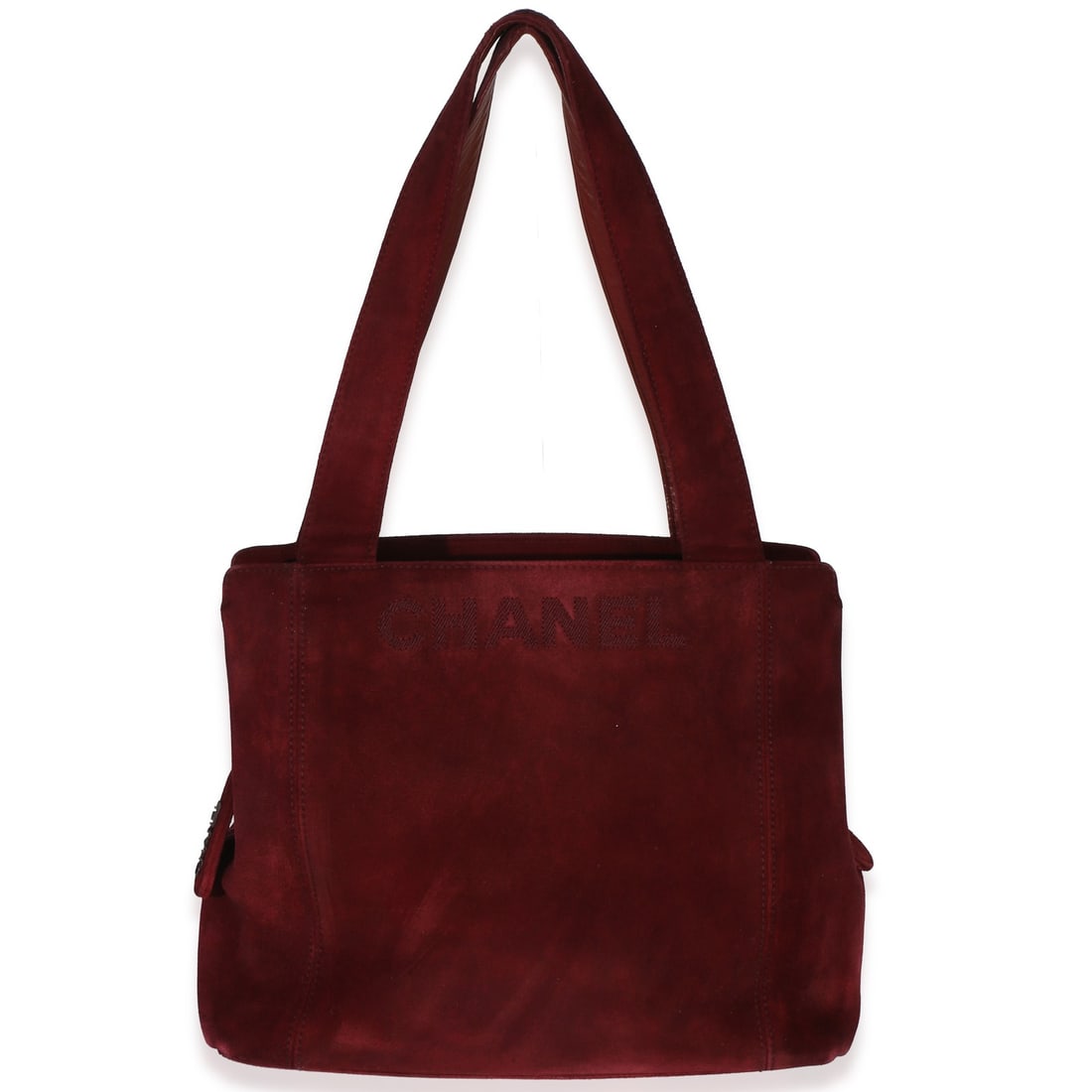 Chanel Logo Tote Red Suede Small: Chanel Logo Tote Red Suede Small This Chanel Vintage Red Suede Logo Small Tote features a classic tote design crafted from luxurious red suede. The bag is accented with gunmetal hardware and includes 