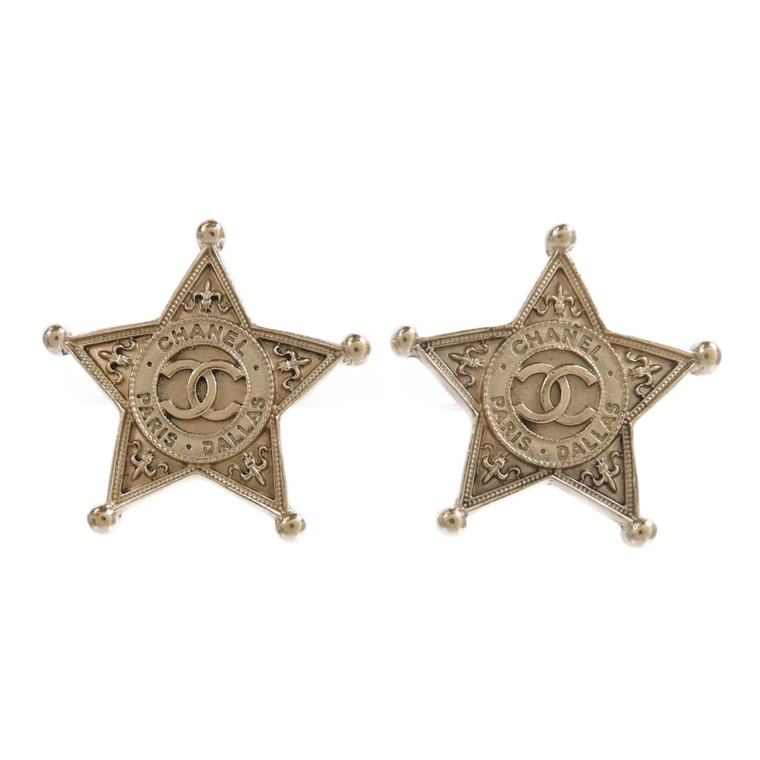 CHANEL Gold CC Pierced Earrings: CHANEL Gold CC Pierced Earrings These CHANEL CC pierced earrings feature a gold-tone finish and are crafted from unspecified metal. Designed for women, they do not include any stones. The earrings sho