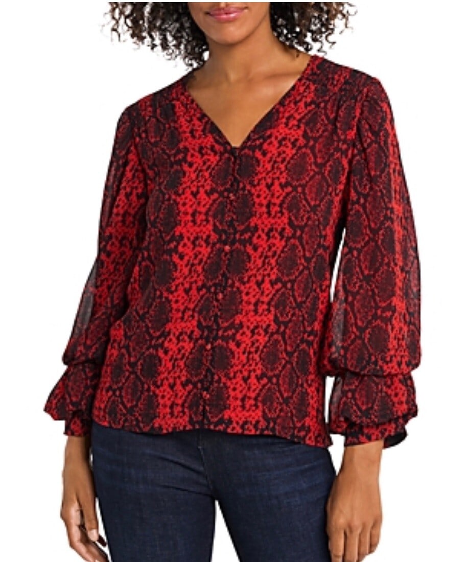 Vince Camuto Ultra Red Snake Print Balloon Sleeve Blouse: Vince Camuto Ultra Red Snake Print Balloon Sleeve Blouse Elevate your wardrobe with this Vince Camuto Snake Print Balloon Sleeve Top in Ultra Red. This stylish blouse features a sophisticated snake pr
