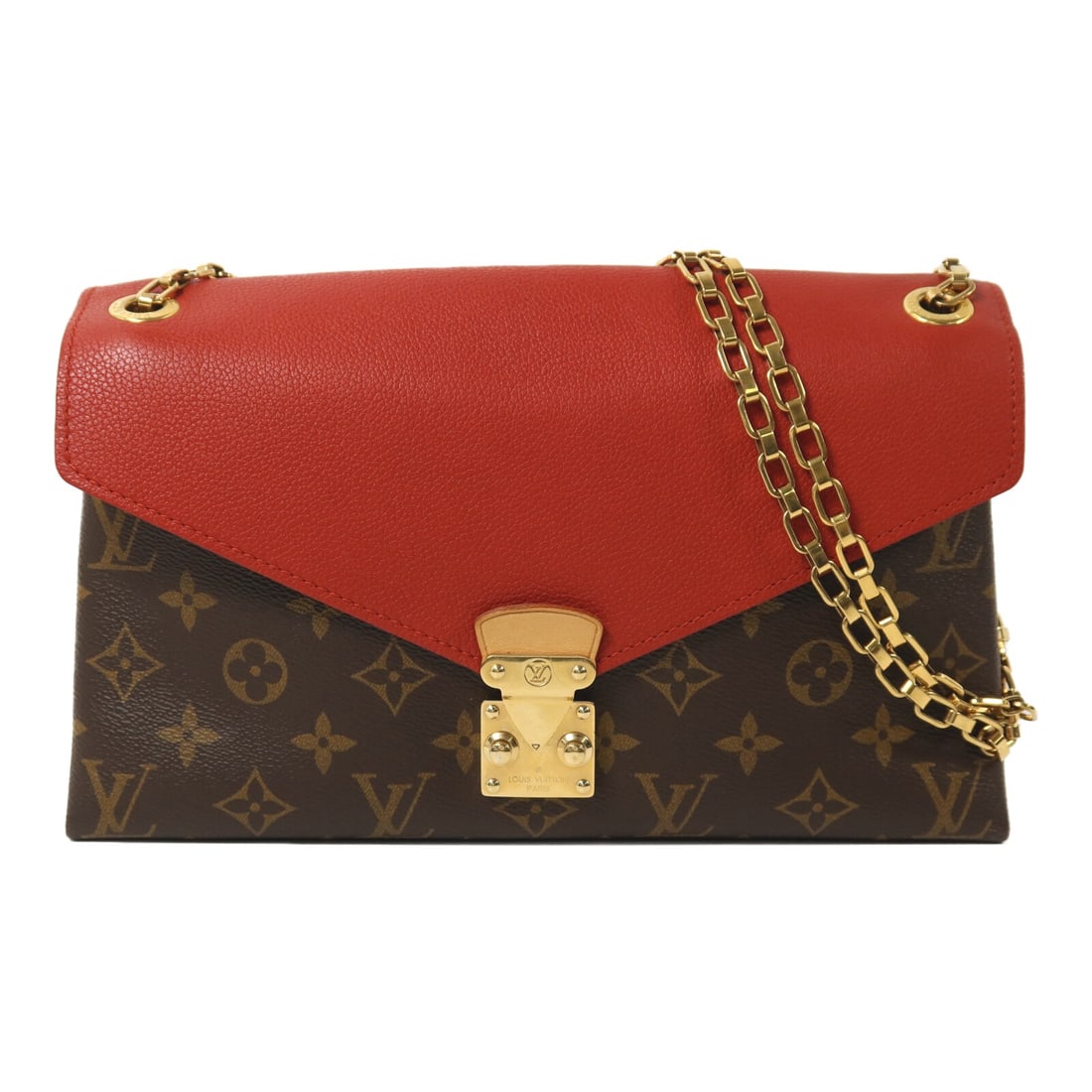 Louis Vuitton Pallas Chain Shoulder Bag Monogram Canvas Brown Red M41201: Louis Vuitton Pallas Chain Shoulder Bag Monogram Canvas Brown Red M41201 This Louis Vuitton Pallas Chain Shoulder Bag features the signature Monogram brown PVC coated canvas with red accents. Designed