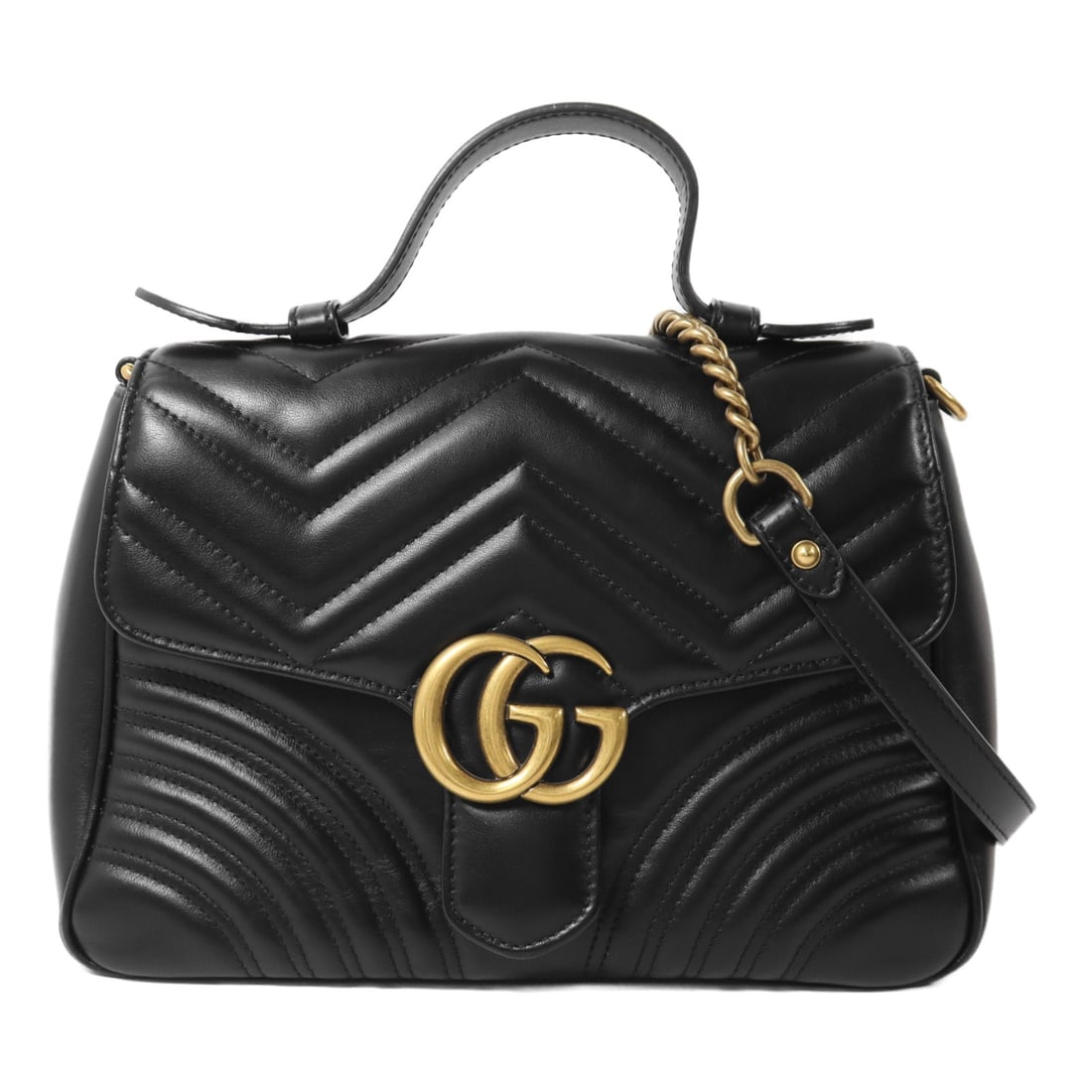 GUCCI Marmont GG calfskin black chain shoulder bag 2 way: GUCCI Marmont GG calfskin black chain shoulder bag 2 way This Gucci GG Marmont 2 Way Chain Shoulder Bag is crafted from black calfskin leather and features gold-tone hardware. Designed for versatility