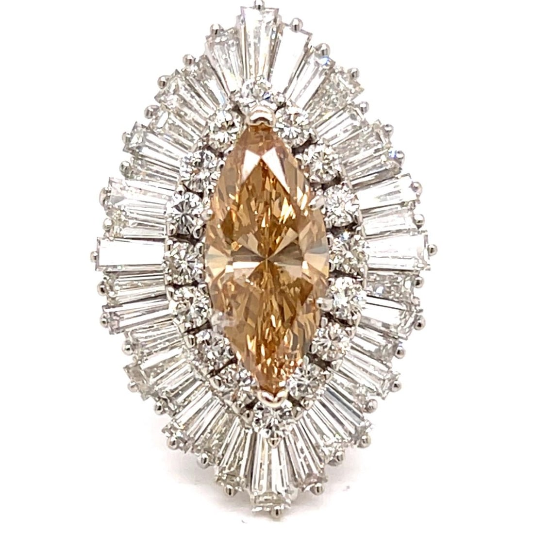 1950s 14K White Gold Ring with 2.83 Ct GIA Fancy Color Marquise Diamond: 1950s 14K White Gold Ring with 2.83 Ct GIA Fancy Color Marquise Diamond This 1950s ring is crafted from 14K white gold and features a 2.83 carat GIA certified marquise diamond with a fancy brown-yello