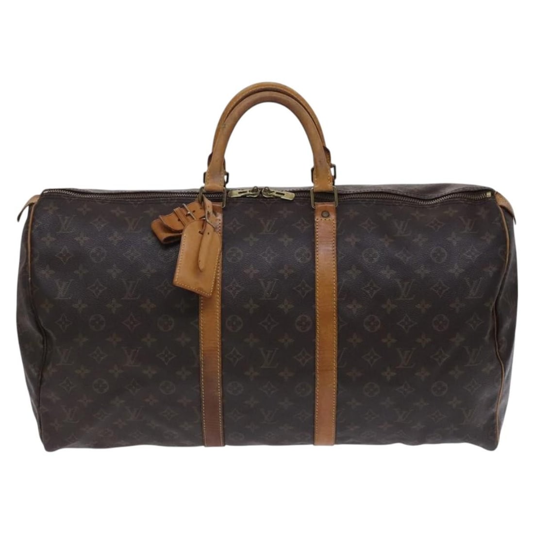 Keepall Monogram Canvas Travel Duffel by Louis Vuitton: Keepall Monogram Canvas Travel Duffel by Louis Vuitton This Louis Vuitton Keepall bag is crafted from brown monogram canvas and is designed for unisex use. The bag shows signs of wear, including out-o