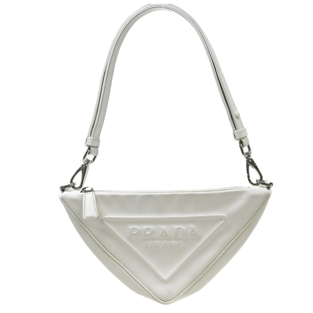 Prada White Leather Hobo Shoulder Bag: Prada White Leather Hobo Shoulder Bag This Prada white leather shoulder bag features a sleek hobo style, ideal for casual occasions. The bag is crafted from high-quality leather and is accented with t