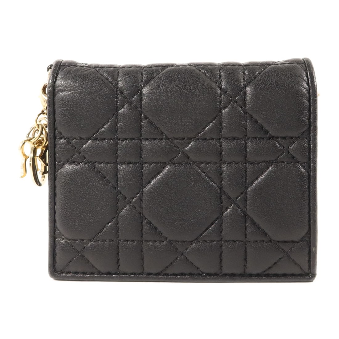 Dior Mini Lady Dior Gardenia Black Lambskin Bifold Wallet: Dior Mini Lady Dior Gardenia Black Lambskin Bifold Wallet This Dior Mini Lady Dior Gardenia bi-fold wallet is crafted from black lambskin leather and designed for women. Featuring a classic bi-fold st