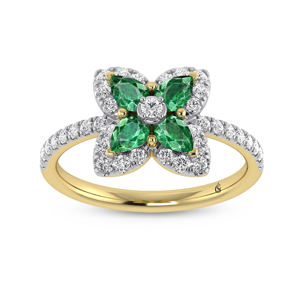 14K Yellow Gold Diamond 7/8 Ct.Tw. & Emerald Fashion Ring: 14K Yellow Gold Diamond 7/8 Ct.Tw. & Emerald Fashion Ring 14k Yellow Gold Stone Color: G-h Stone Clarity: Si2 Each ring is presented in standard size 6.5. Complimentary resizing is available between s