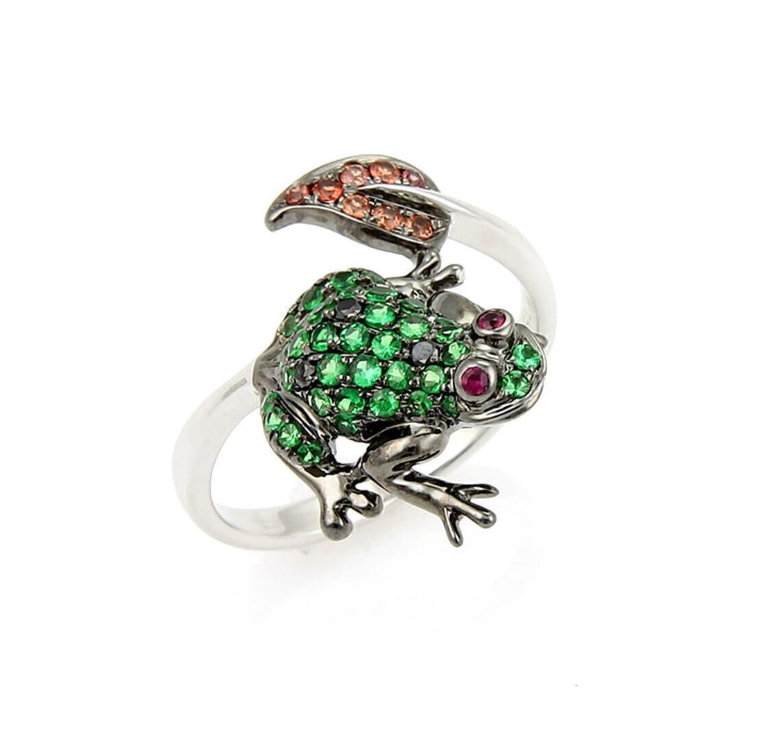 18k White Gold Frog Leaf Bypass Ring with Tsavorite Sapphire Garnet Size 7: 18k White Gold Frog Leaf Bypass Ring with Tsavorite Sapphire Garnet Size 7 This whimsical frog and leaf bypass ring is crafted from 18k white gold and features vibrant tsavorite, sapphire, and garnet 