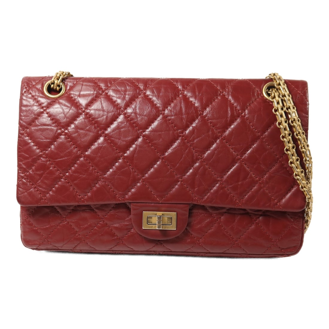 Chanel 2.55 Red Calfskin Leather Shoulder Bag with Gold Hardware: Chanel 2.55 Red Calfskin Leather Shoulder Bag with Gold Hardware This CHANEL CC 2.55 chain shoulder bag features luxurious red calfskin leather with gold tone hardware. Designed for women, this classi