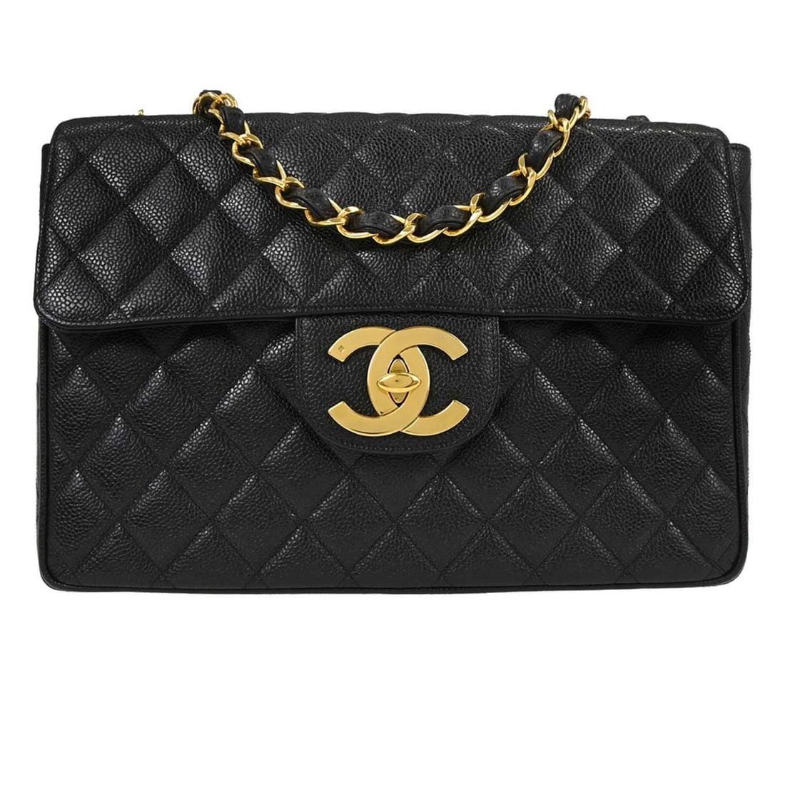 CHANEL Jumbo Classic Flap Black Caviar Skin Shoulder Bag: CHANEL Jumbo Classic Flap Black Caviar Skin Shoulder Bag This Chanel Jumbo Classic Flap Shoulder Bag is crafted from black caviar skin leather with a signature matelasse quilted pattern. The design fe