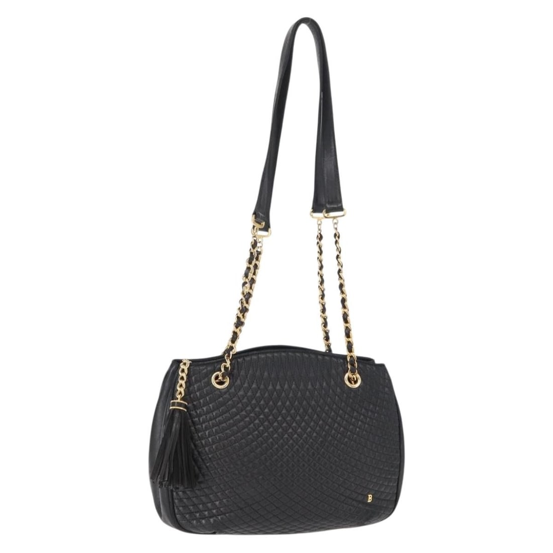 Bally Quilted Leather Chain Shoulder Bag Black Vintage Style: Bally Quilted Leather Chain Shoulder Bag Black Vintage Style This vintage Bally chain shoulder bag is crafted from black quilted leather, designed for women. It features a chain shoulder strap and sho