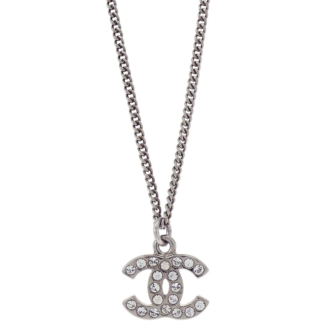 Chanel silver plated CC pendant chain necklace 10V: Chanel silver plated CC pendant chain necklace 10V This Chanel CC chain necklace features a silver-tone pendant adorned with rhinestones. Crafted from silver-plated material, it showcases the iconic C