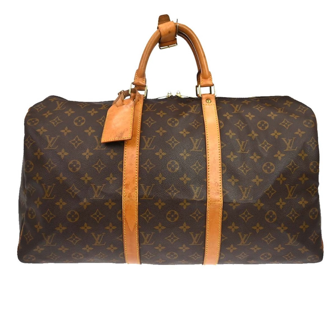 Louis Vuitton Keepall Monogram Canvas Travel Bag 50cm x 29cm x 22cm: Louis Vuitton Keepall Monogram Canvas Travel Bag 50cm x 29cm x 22cm This Louis Vuitton Keepall Bag features the iconic Monogram Canvas in brown, designed for unisex use. The bag shows visible signs of
