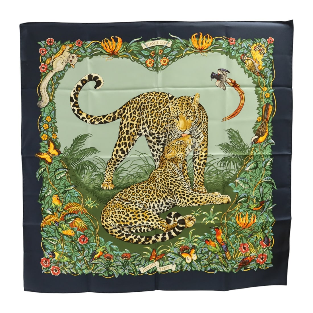 Hermes Silk 90x90 Women Green Navy Multicolor Scarf: Hermes Silk 90x90 Women Green Navy Multicolor Scarf This Hermes scarf features a vibrant green, navy, and multicolor design crafted from luxurious silk. Made in France, it is sized at 90x90 cm, offeri