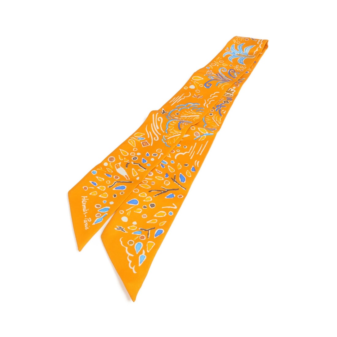 Hermes Silk Twilly Multicolor Orange Blue Women's Scarf: Hermes Silk Twilly Multicolor Orange Blue Women's Scarf This Hermes Twilly scarf features a vibrant orange, blue, and multicolor design crafted from luxurious silk. Designed for women, this regular si