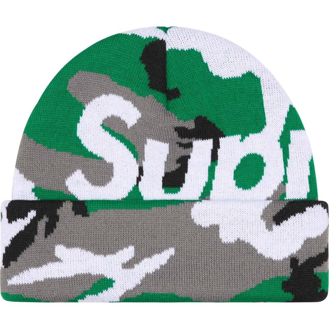 Green Camouflage Knit Beanie with Supreme Oversized Logo: Green Camouflage Knit Beanie with Supreme Oversized Logo This beanie features Supreme's oversized logo prominently displayed across a classic green camouflage pattern. Made from soft knit fabric, it o