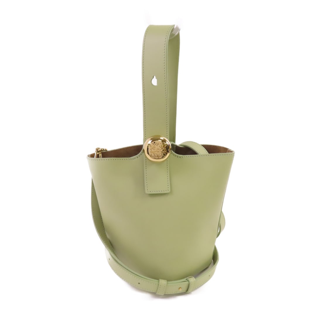 Loewe Mini Pebble Bucket Calfskin Shoulder Bag in Eucalyptus Green: Loewe Mini Pebble Bucket Calfskin Shoulder Bag in Eucalyptus Green This LOEWE Pebble Bucket Mini Handbag features a 2-way design for use as a handbag or shoulder bag. Crafted from calfskin leather in 