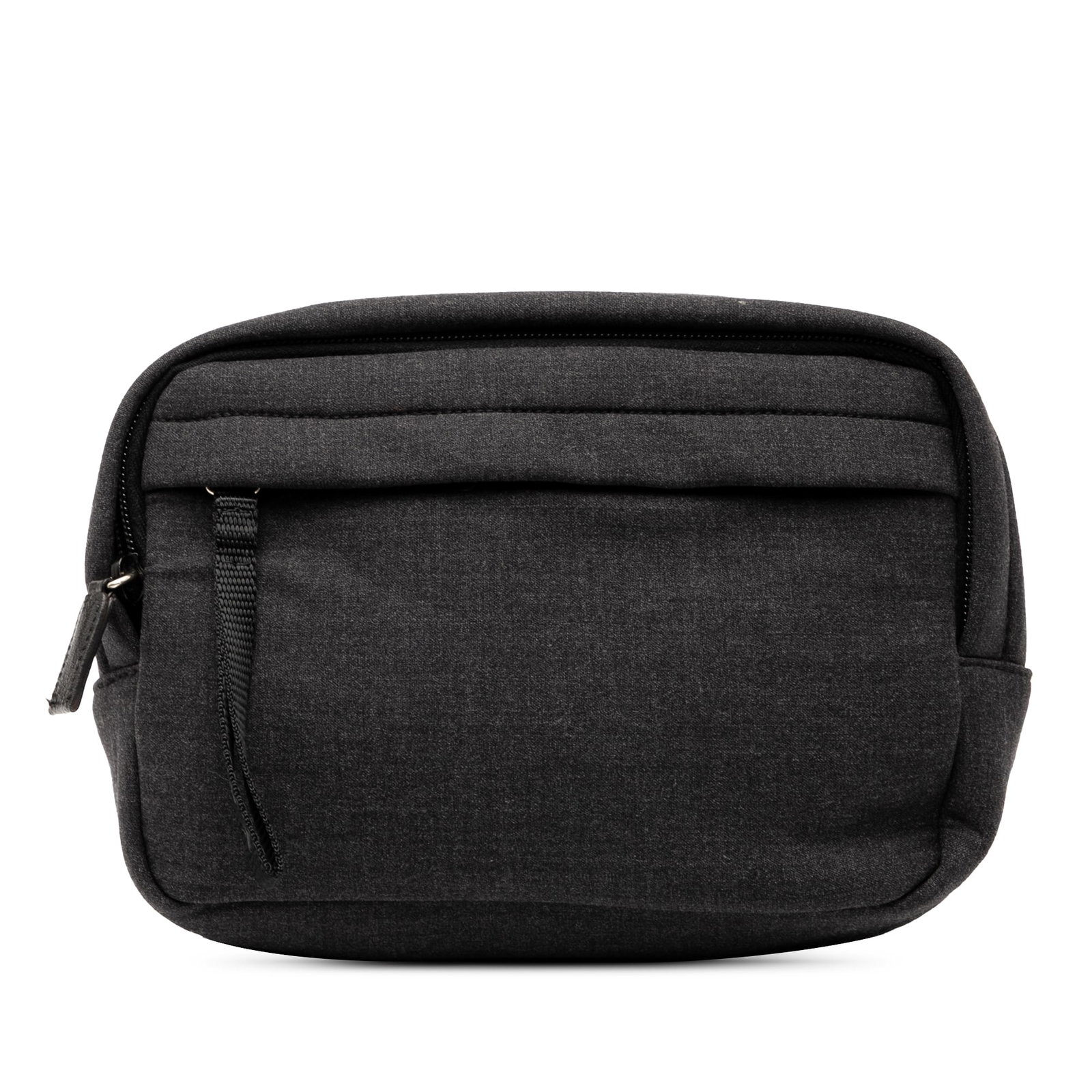 Prada Gray Polyester Pouch with Zip Closure: Prada Gray Polyester Pouch with Zip Closure Introducing the Prada Polyester Pouch, a stylish and functional accessory designed for everyday use. This pouch features a durable polyester body, a secure 