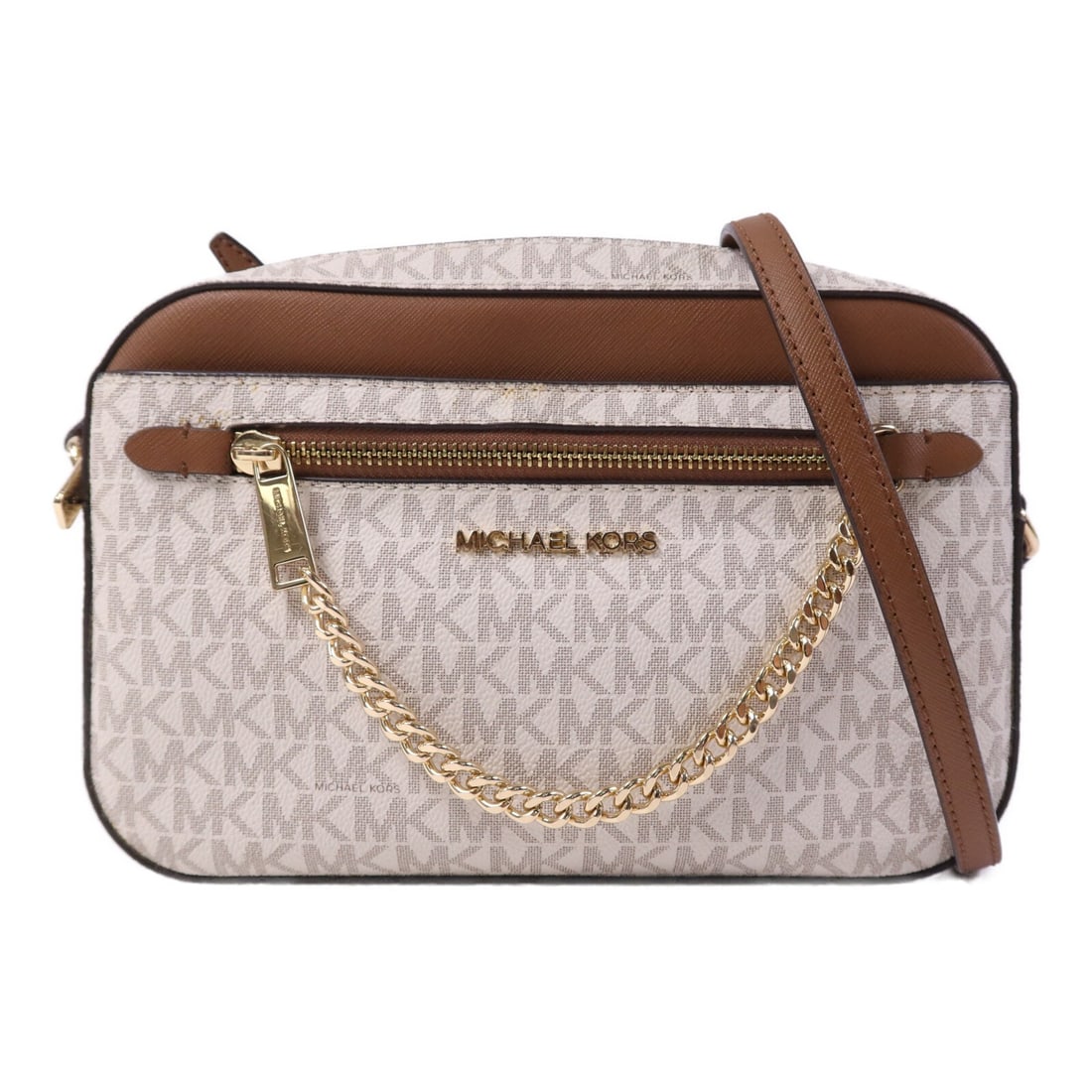 Michael Kors Jet Set Beige Calfskin Shoulder Bag with Gold Hardware: Michael Kors Jet Set Beige Calfskin Shoulder Bag with Gold Hardware This Michael Kors Jet Set shoulder bag is crafted from beige calfskin leather and features a classic design. The bag is designed for