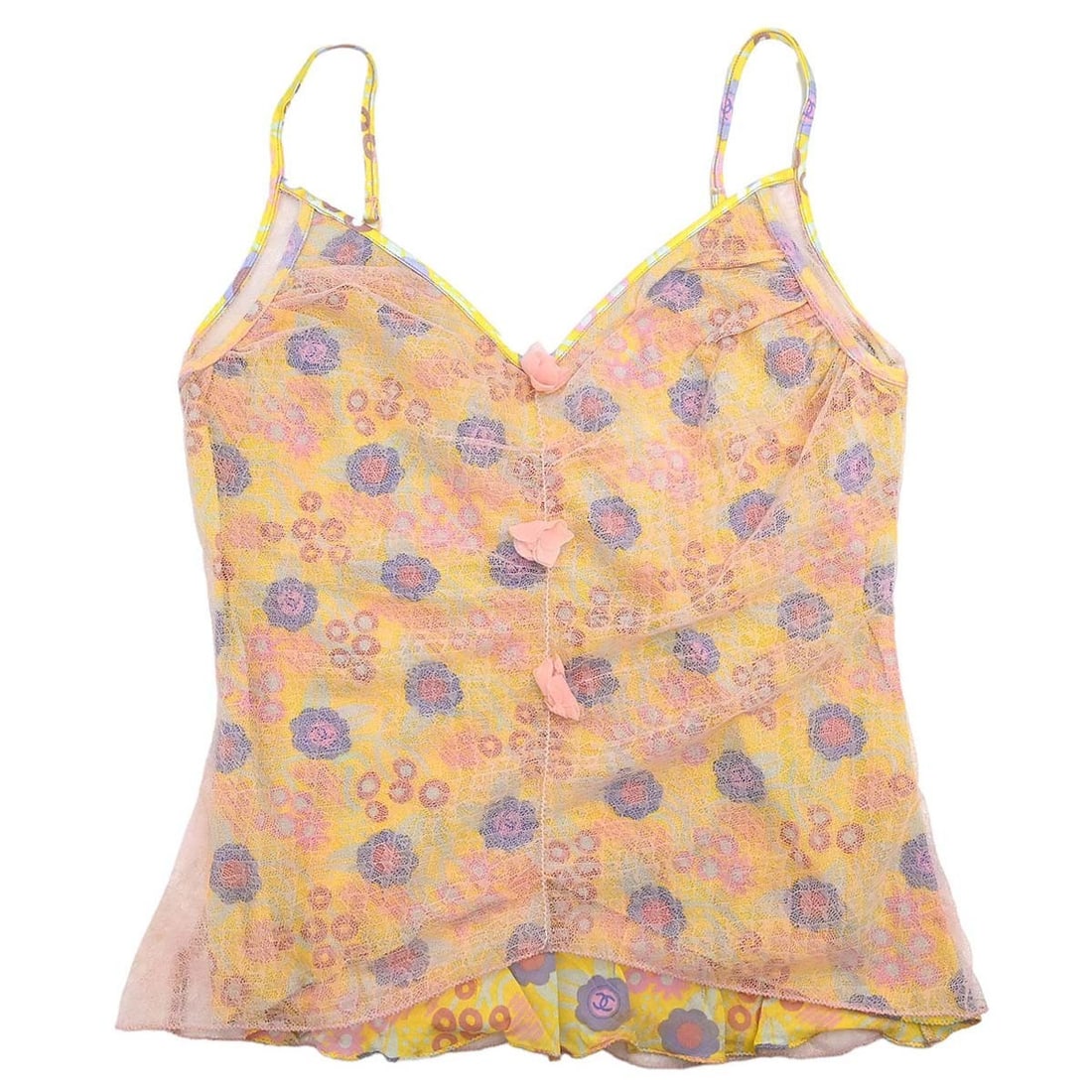 CHANEL Yellow Cotton Sleeveless Camisole Top IT 38: CHANEL Yellow Cotton Sleeveless Camisole Top IT 38 This vintage Chanel camisole top features a sleeveless design with a slim fit, crafted from 100% cotton in a vibrant yellow color. Designed in a clas