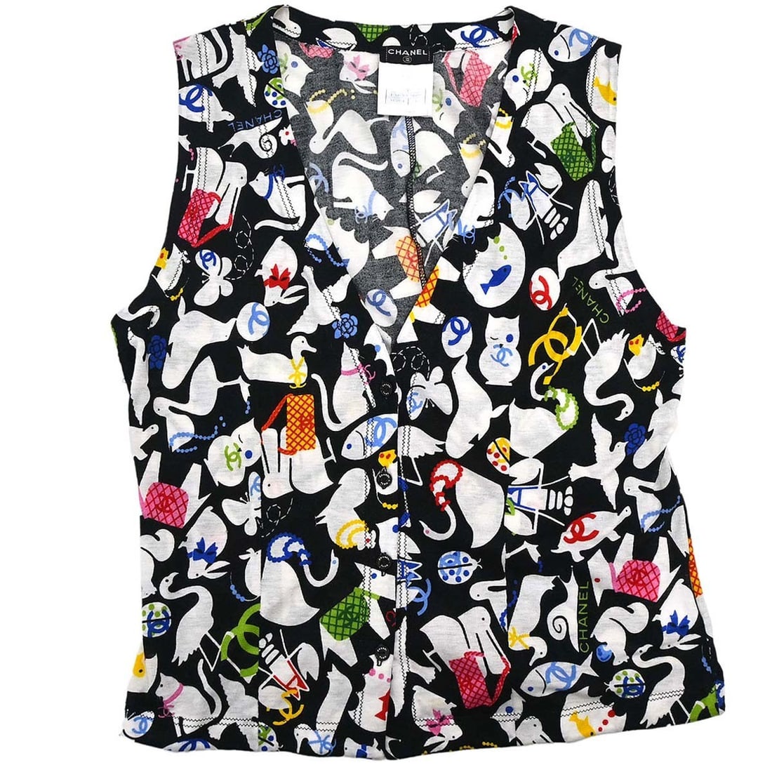 CHANEL black cotton sleeveless tank size 38 logo: CHANEL black cotton sleeveless tank size 38 logo This Chanel sleeveless top features a classic round neckline and is crafted from 100% cotton in black. Designed for a regular fit, it is accented with 